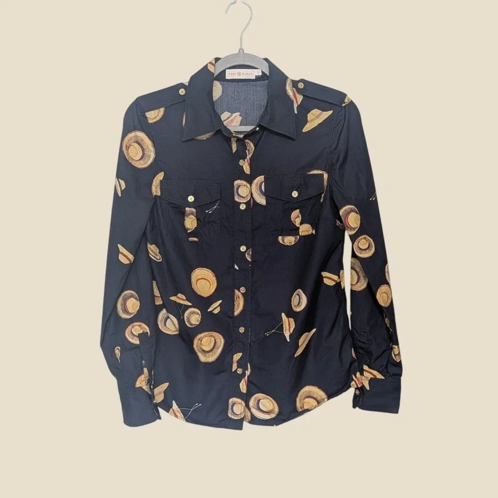 Tory Burch Navy Blue Straw Hat Print Cotton Roll-Tab Utility Shirt Blouse Size 6